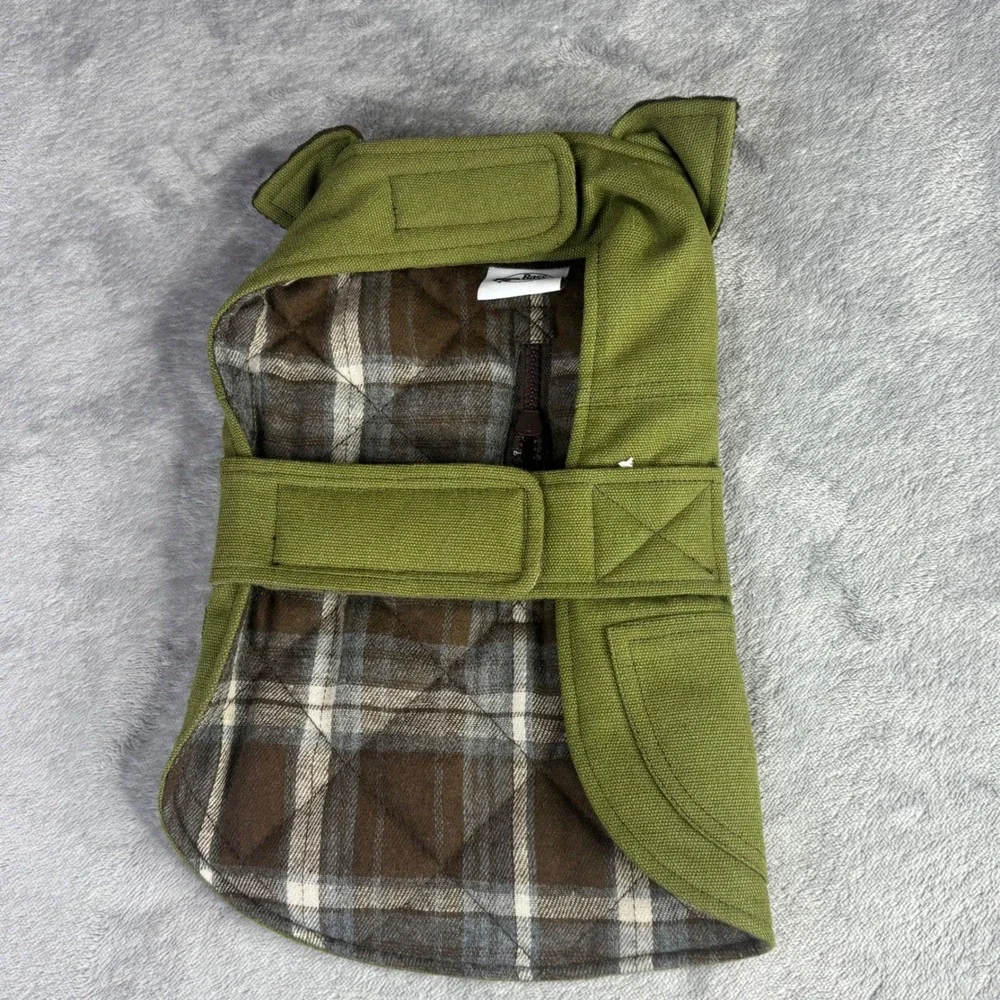 Bass‎ Pro Shops Dog Coat Small Green Canvas Plaid Lined Workwear Field Jacket